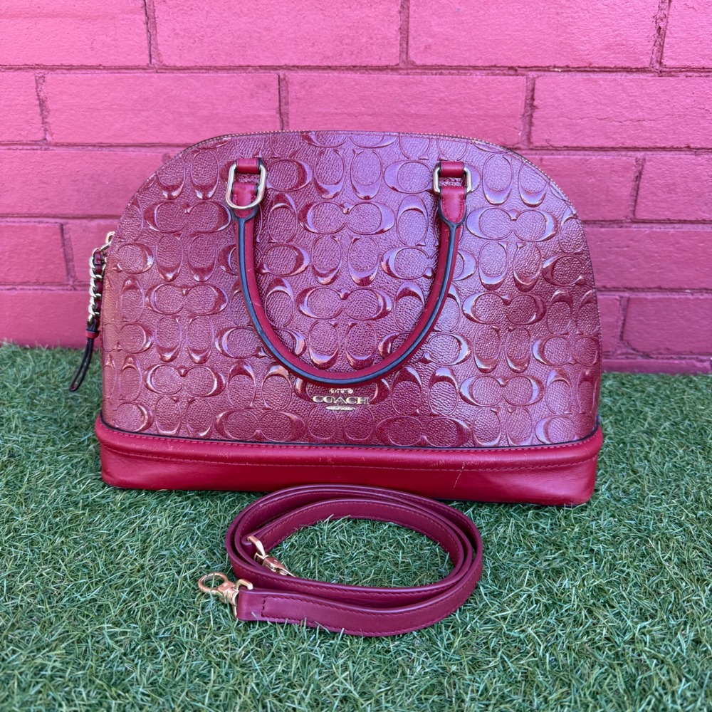 COACH F27597 Signature Debossed Patent Mini Sierra Satchel In Cherry‎ With Stap
